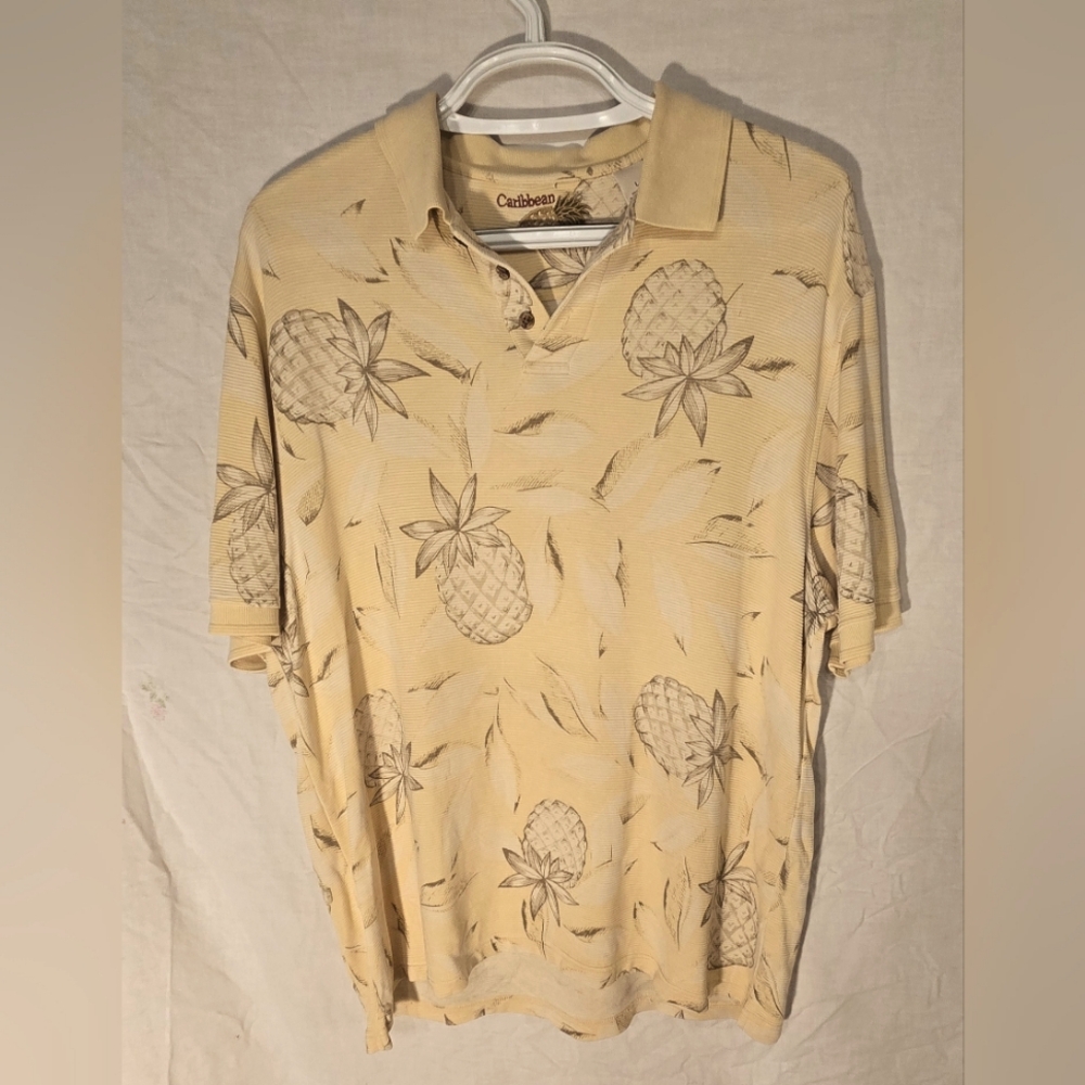 Caribbean Mens Polo Golf Shirt Large Silk/Cotton Pineapple